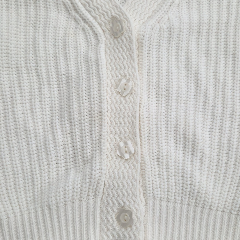 Moon & Madison White Chunky Knit Cropped Cardigan Puff Sleeve Flower Button XL